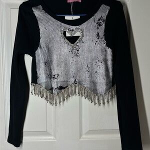 Black Long Sleeve Sequin Fringe Top with Heart Cutout